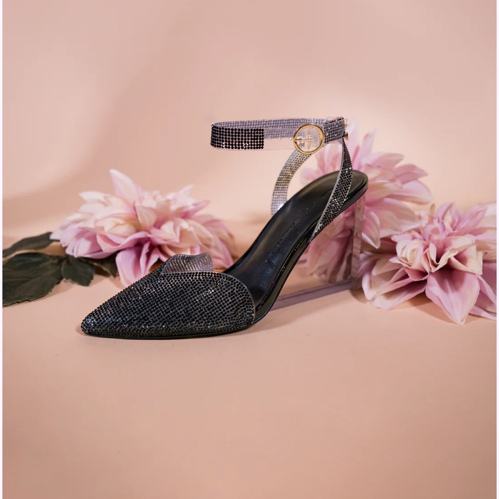 She is Cheval Black LOVE Heels | Sparkle Ankle-Strap Pointed Toe Heels